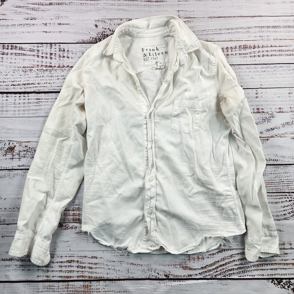 Frank & Eileen Barry Famous Denim Shirt Women's M White Raw Hem Button Up USA